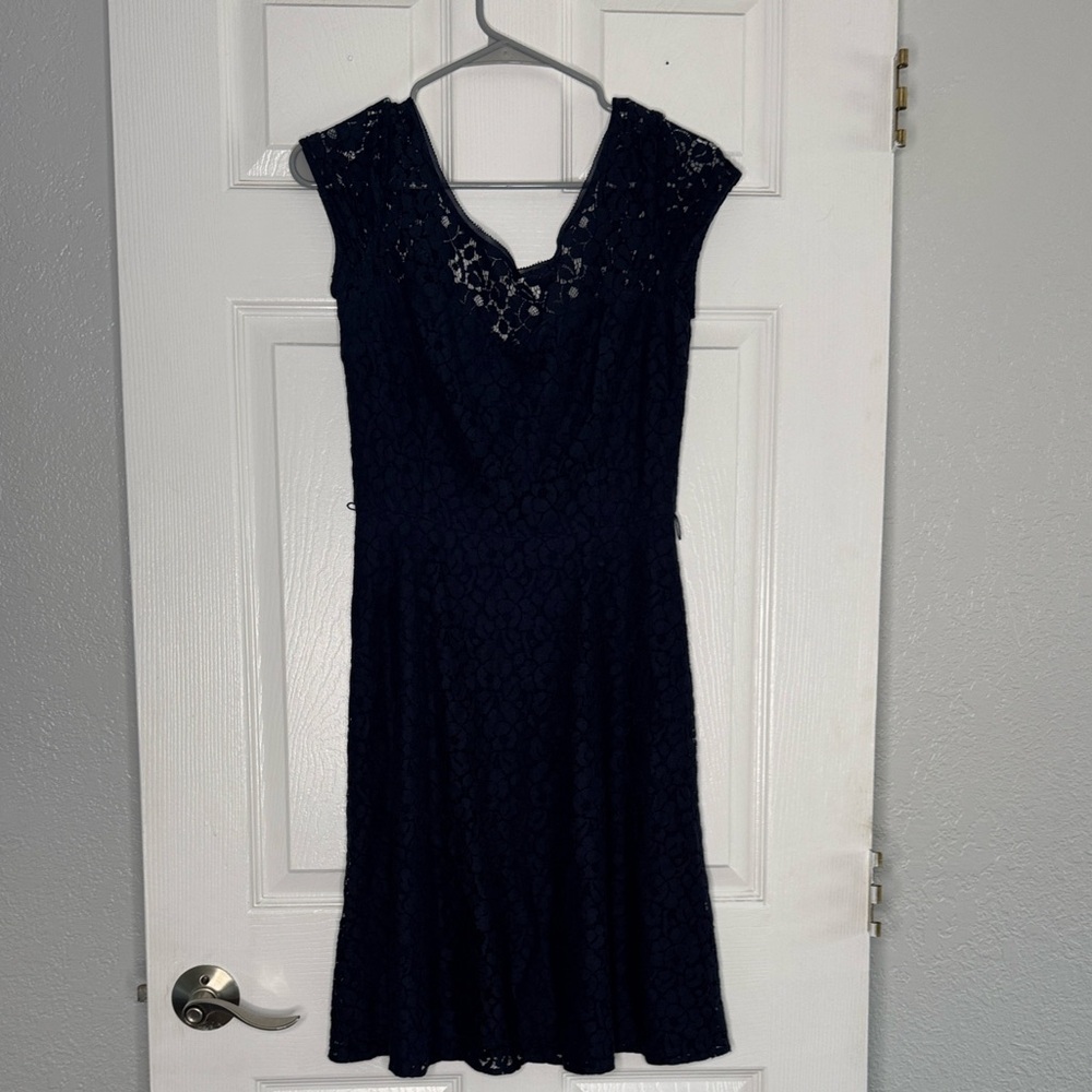 White House Black Market Navy Lace Cap-Sleeve Midi Dress with belt